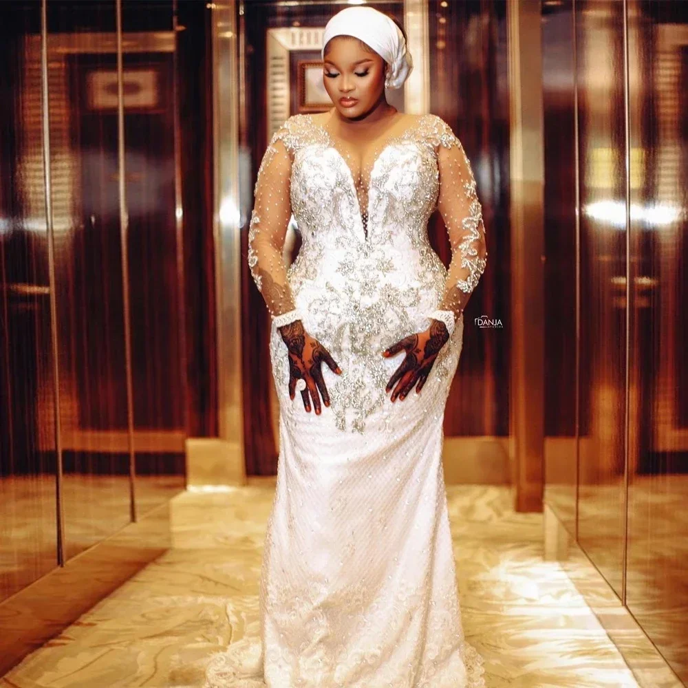 

Customized Beaded Arabic Aso Ebi Mermaid Wedding Dresses Sheer Neck Transparent Sleeve Bridal Gown Plus Size Marriage Satin Trai