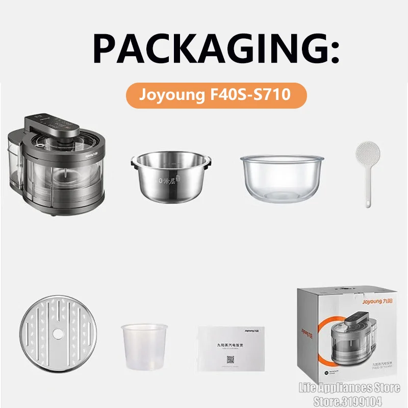 Joyoung Steam Rice Cooker No Coated Electric Rice Cooker 4L Stainless Steel Glass Liners For Home 2-6 Person F40S-S710