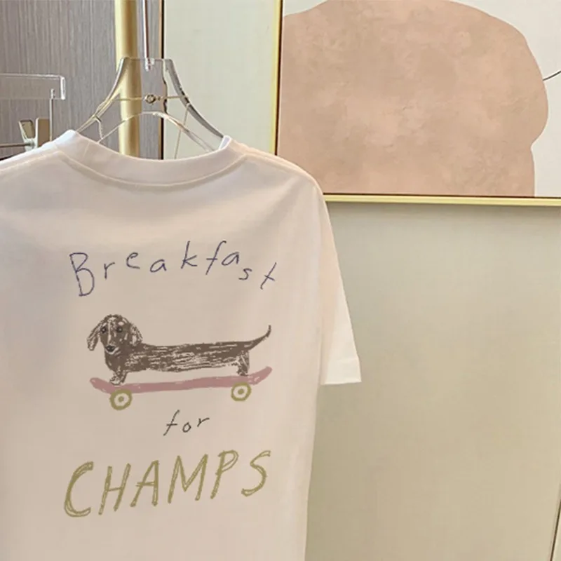 Coreano popular dachshund impressão camiseta feminina verão novo casual manga curta em torno do pescoço camiseta y2k topo elegante roupas femininas