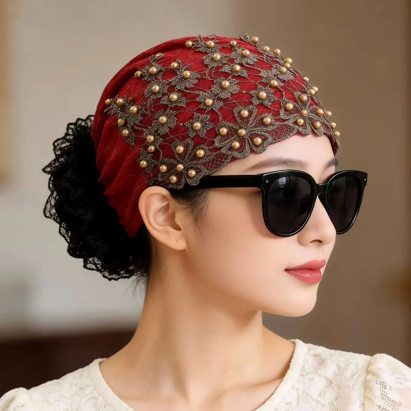 

Модный эластичный этнический головной убор-шапка – кружевной ажурный головной убор с бисером для женщин