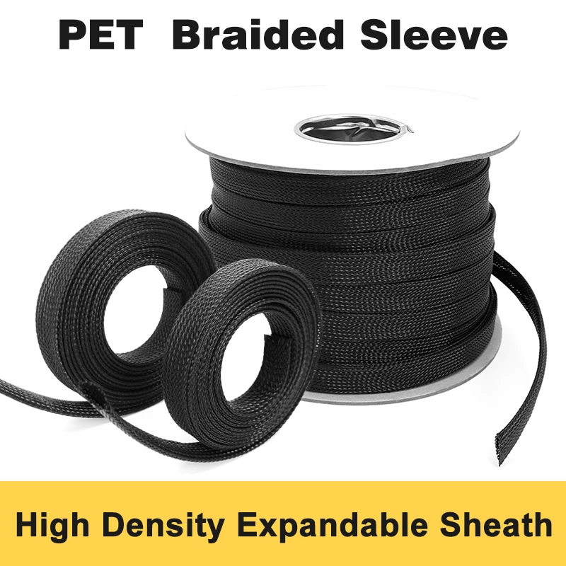 5/10M Black Braided Cable Sleeving PET Nylon Wrapping Cable Casing Cable Sleeves Wire 2/3/4/6/8/10mm/12mm/15mm/20mm/25mm-100mm