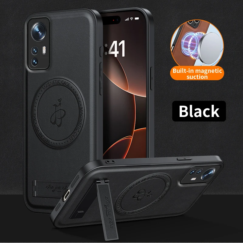 Leder-Handyhülle mit Kabelloser Aufladung und Magnetverschluss für XiaoMi 13T 11 Lite 15 12X 14T Pro, Weiche Objektivschutz-Abdeckung, Rückseiten-Schutzhülle mit Halterung