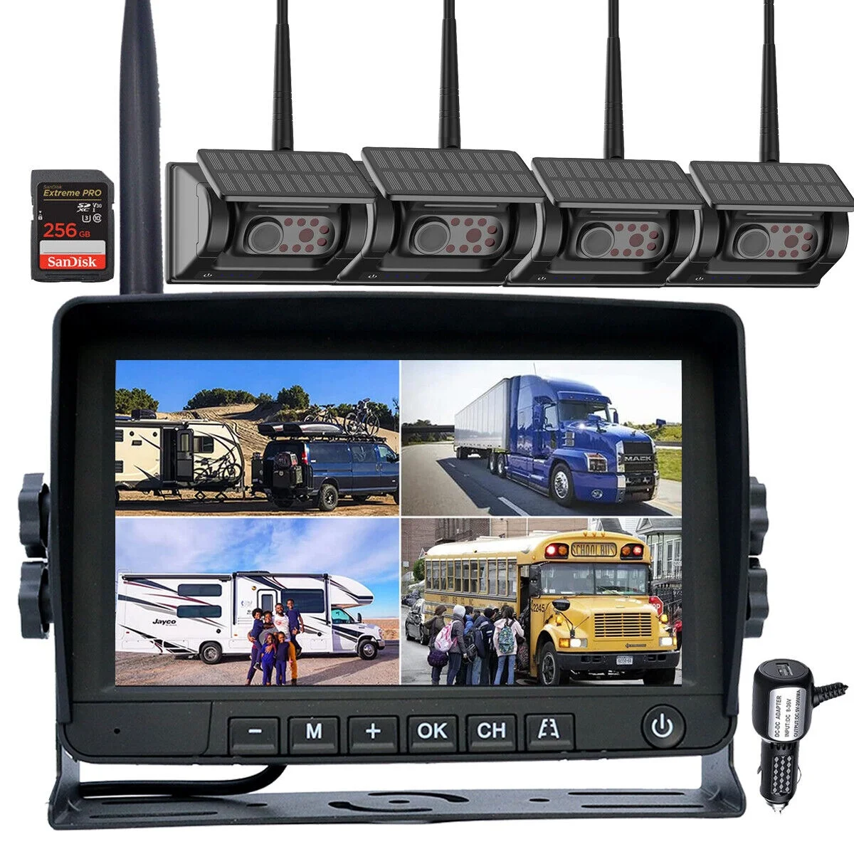 IPoster 7in Digital Wireless Quad View IPS Monitor HD Backup Reversing Magnetic Standby Solar Recharge Battery Camera Kit