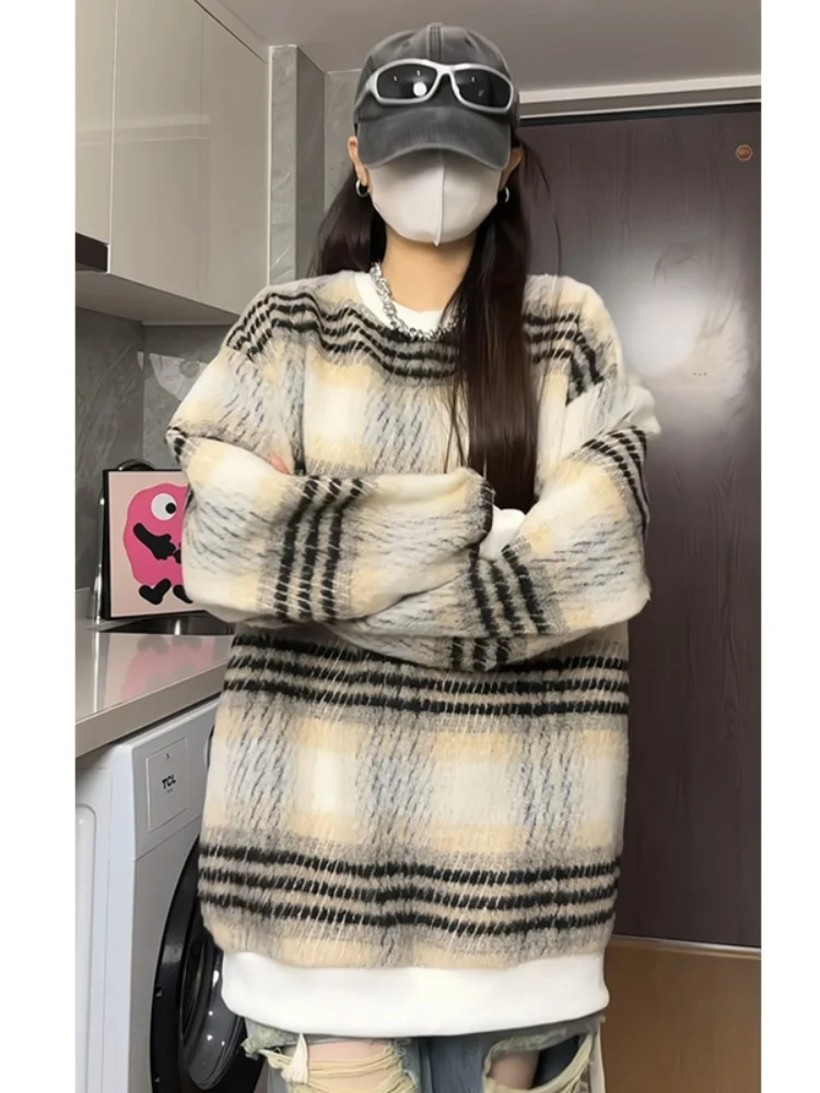 

Мужской вязаный шерстяной свитер Laid-Ba Camp, осенне-зимний, свободного кроя, с круглым вырезом, в клетку, модный, универсальный, удобный топ