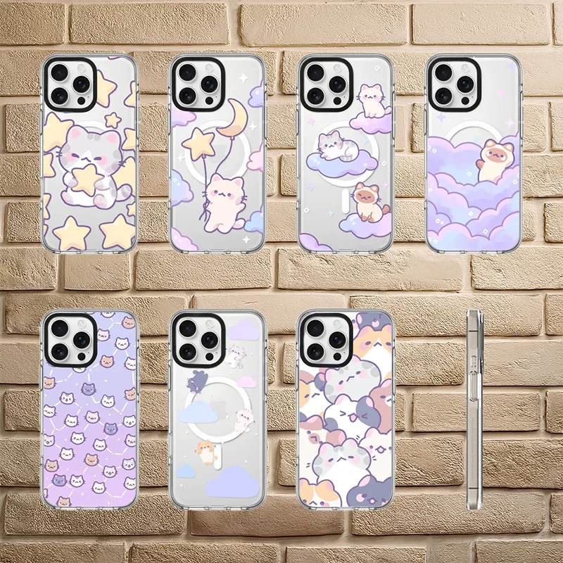 

Cat Lovely Transparent Border Magnetic Phone Case Cover for IPhone 16 15 14 13 Pro Max Case