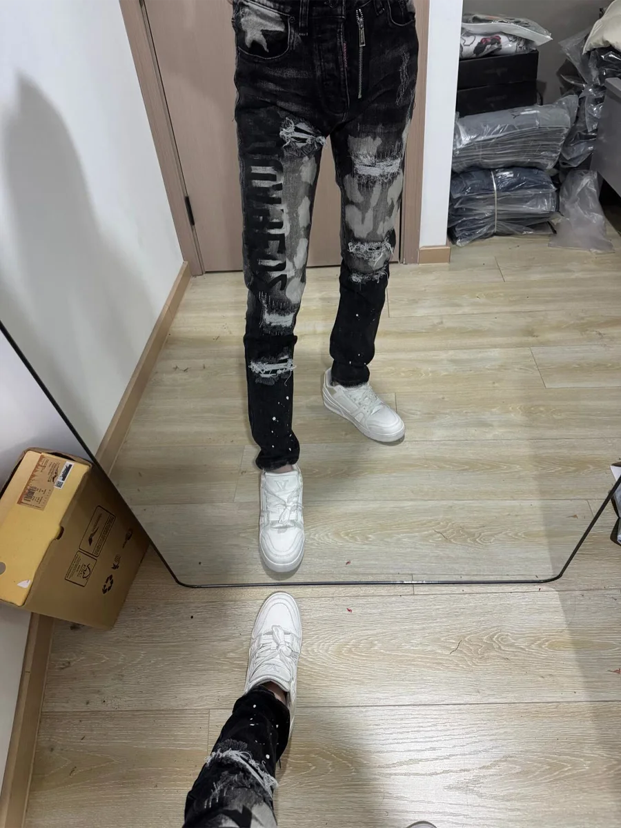 

Trendy Men's Skinny Jeans High Street Sle Distred Denim Pants mid Waist Zipper Closure Casual Wear Spring Season