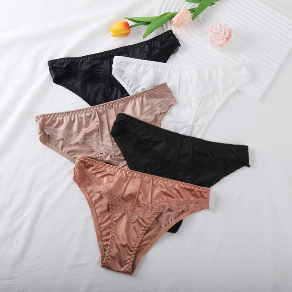 Low-waisted Women Underwear Elastic Low-cut Women Underwear Elegant Floral Lace Trim Low-waist Women's Panties for Daily Wear