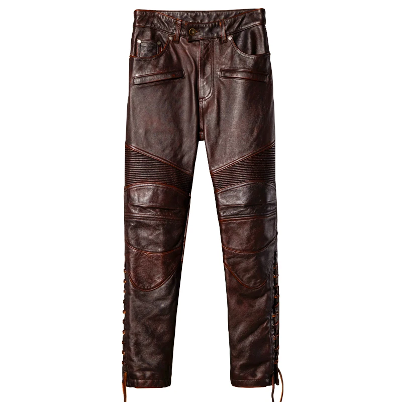 Red Brown Winter Leather Trousers Men Vintage Style Plus Size 5XL Genuine Natural Cowhide Motorcycle Style Leather Pants