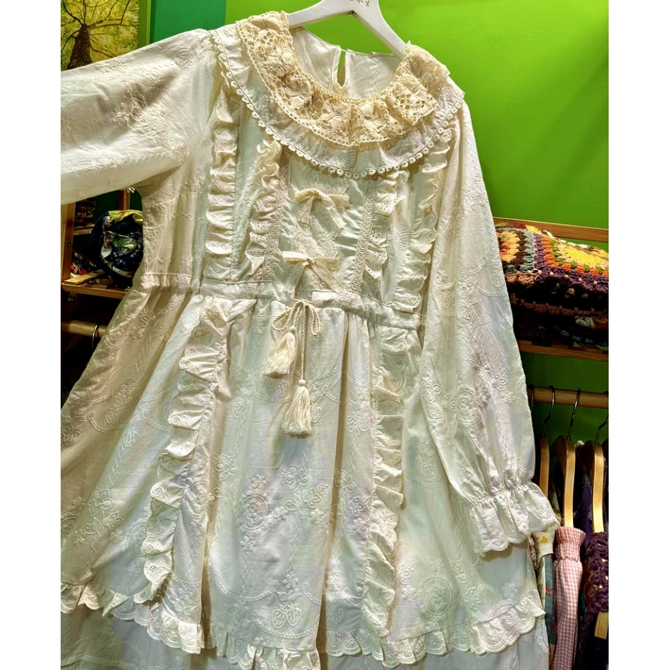 

Rococo Victorian Autumn Vintage Cotton Ruffled Lace Midi Dress for Women 2025 Mori Girl Lolita Evening Birthday White Long Dress