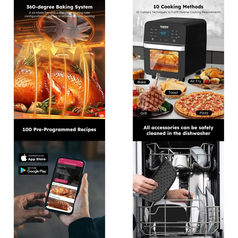 

Large 15.5Qt Nuwave Brio Air Fryer Oven with Rotisserie, Skewer Kit, Non-Stick Grill, 1800W Power, Smart Thermometer, Black