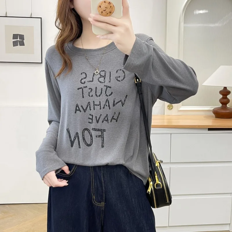 Women Round Neck Long Sleeve T Shirt Autumn Letter Print Loose Hide Belly Casual Basic Top