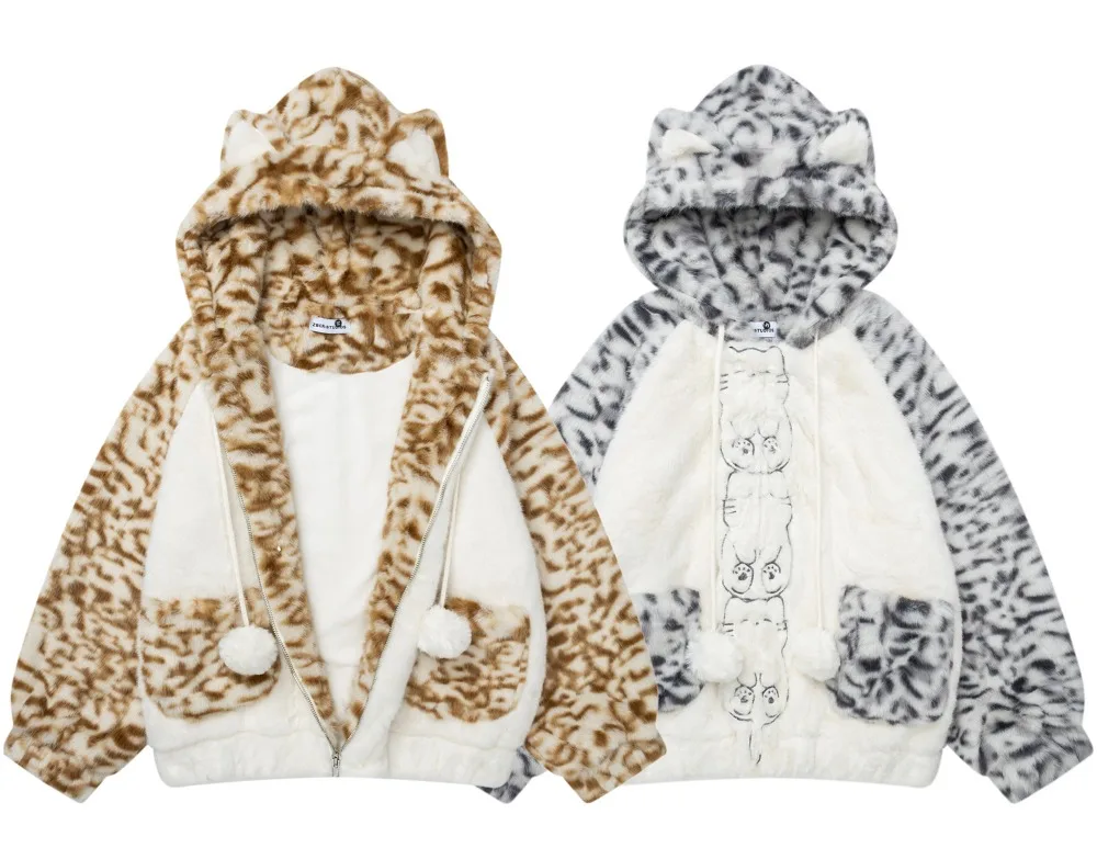 2026 Winter Contrasting Color Splicing Cute Cat Hairy Cotton Suit Leopard Print Splicing Hooded Plush Jacket Female