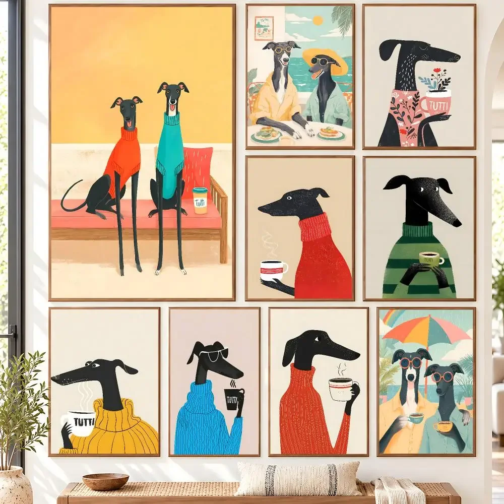 Cute Dog Coffee Modern Whimsical Animal Greyhound Print Colorful Poster Matte Wall Art Removable Home Room Decoration