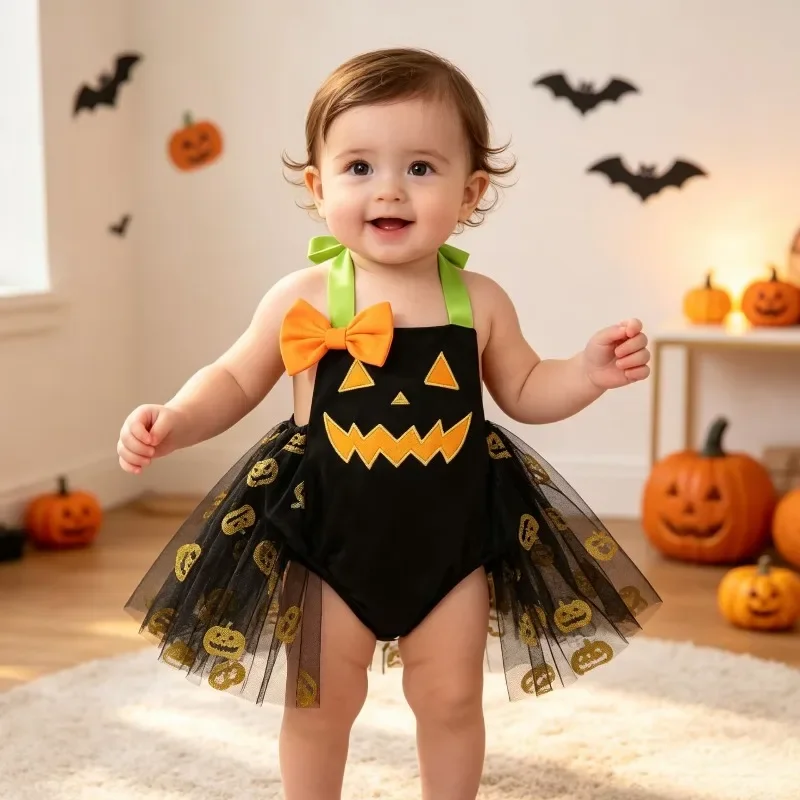 Conjunto de ropa para bebé niña, ideal para Halloween: mono con estampado de calabaza, vestido negro sin mangas, falda de tul con lazo naranja.