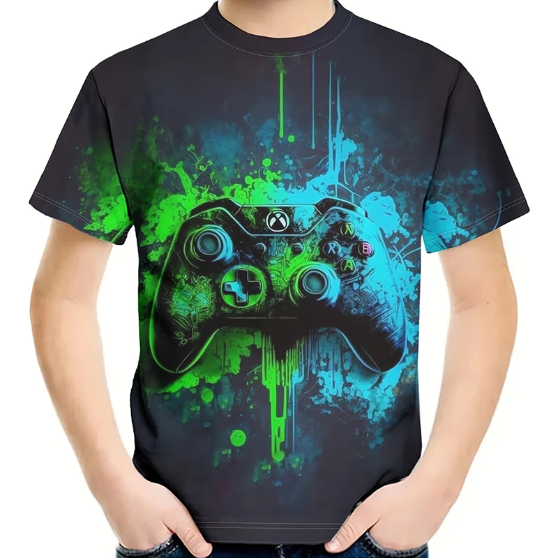 Kids Gamepad With Color Paint 3D Print Boy's T-shirt Crew Neck Short Sleeve T-shirt For Boy Casual Top For Summer Chico Camiseta