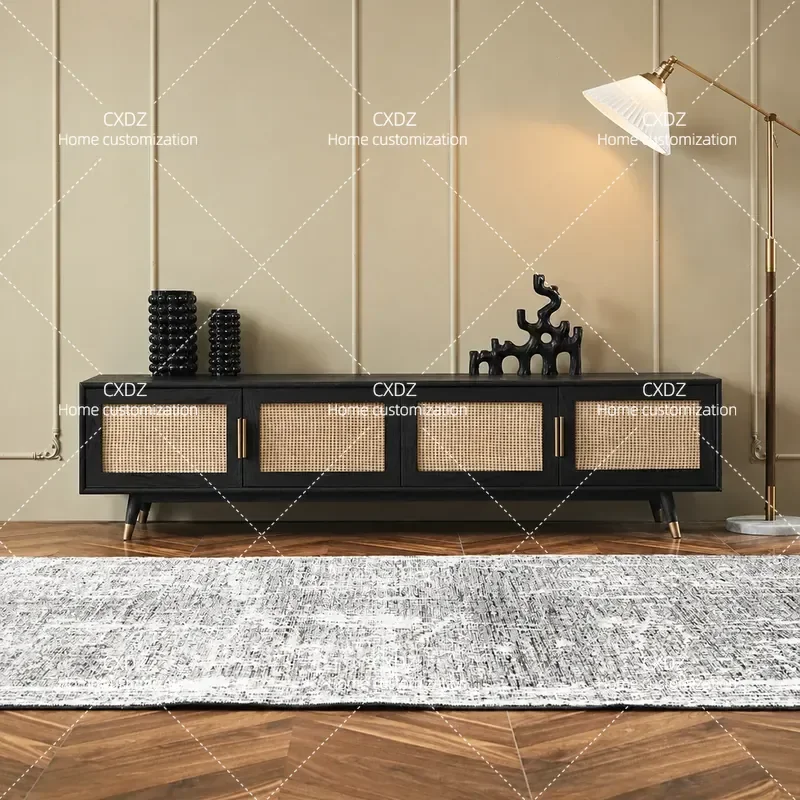 Nordic Rattan TV Cabinet Small Apartment Living Room Medieval Retro Storage Cabinet Ground Cabinet Audio Visual Console