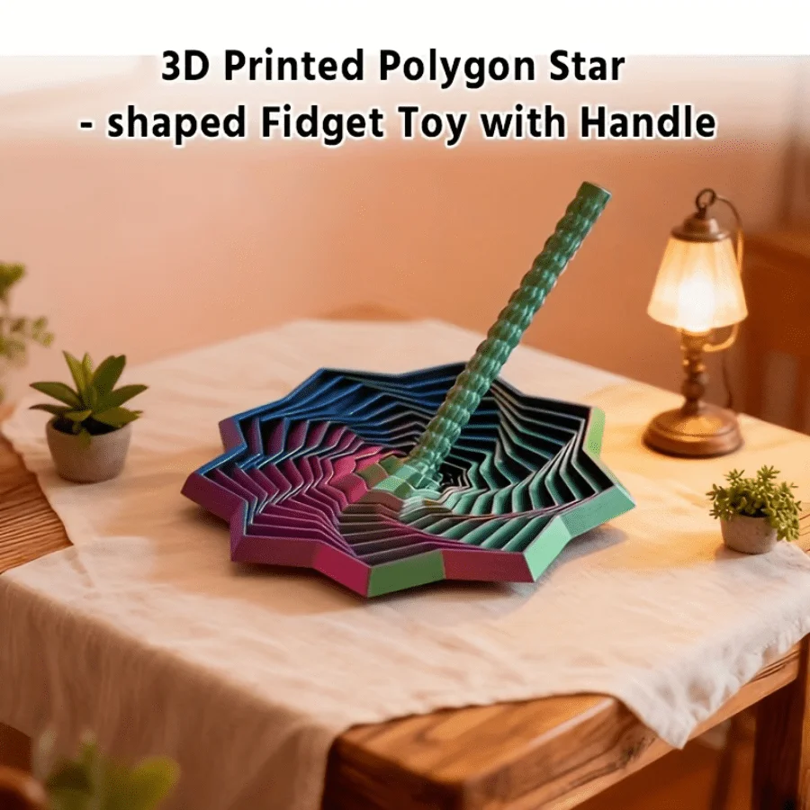 1Pc Random Color 3D-Printed Star Fidget Spinner Set - 2 Sizes with Gradient Rotating Polygons, Expandable Sensory Desktop Decor