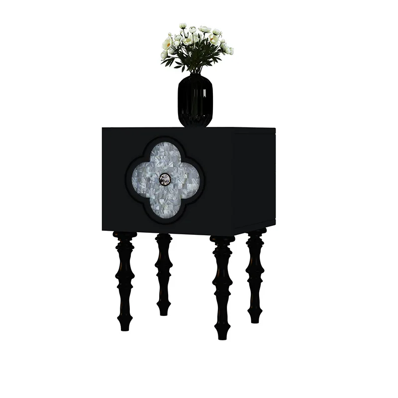 French retro solid wood locker, living room side four-leaf clover shell bedside storage , ancient bedside table
