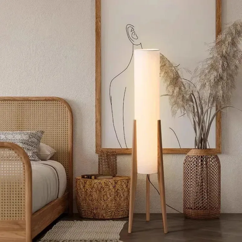 SANDYHA Elegant LED Retro Solid Wood Floor Lamps with White Fabric Shade Ideal for Bedroom Living Room Dining Room Home Decor