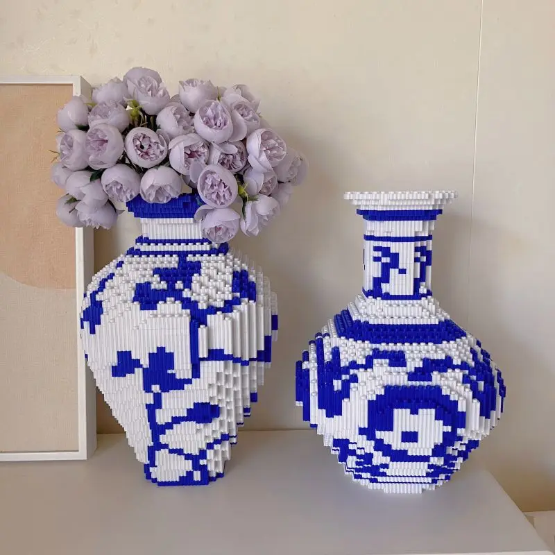 28cm Creative DIY Chinese Style Blue and White Porcelain Vase Puzzle Building Block Educational Boy Toys for Children Brick Gift