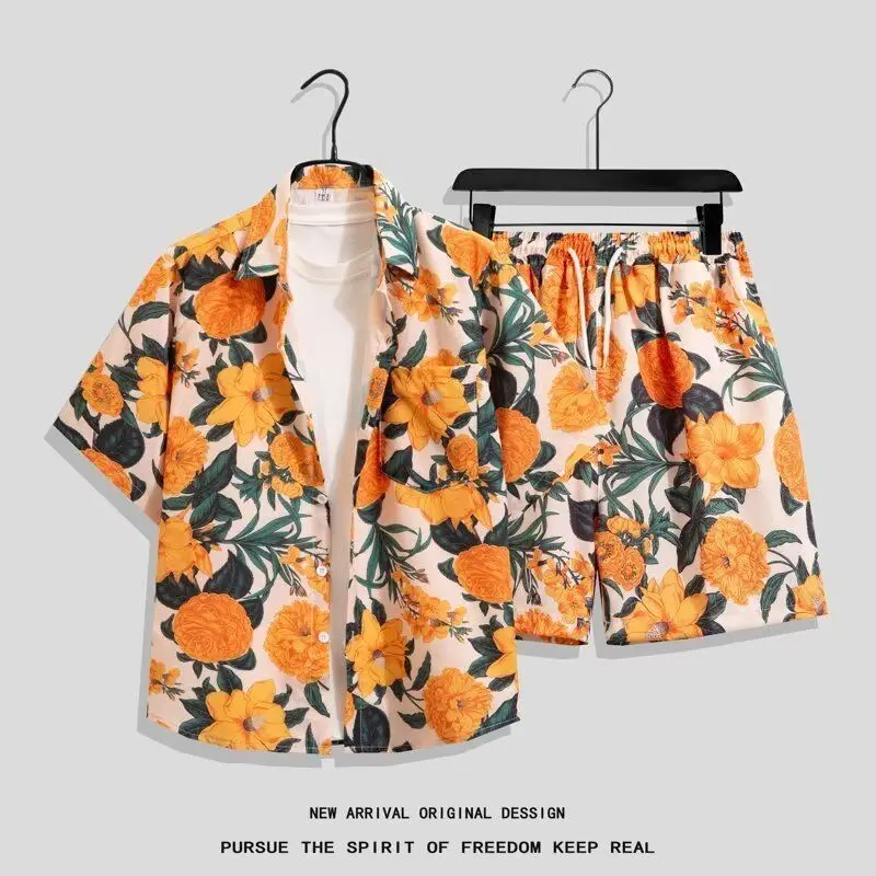 

Men Hawaiian Printed Two Piece Set Summer Breathable Short Sleeve Shirt And Shorts Couple Beach Casual Outfit For Travel