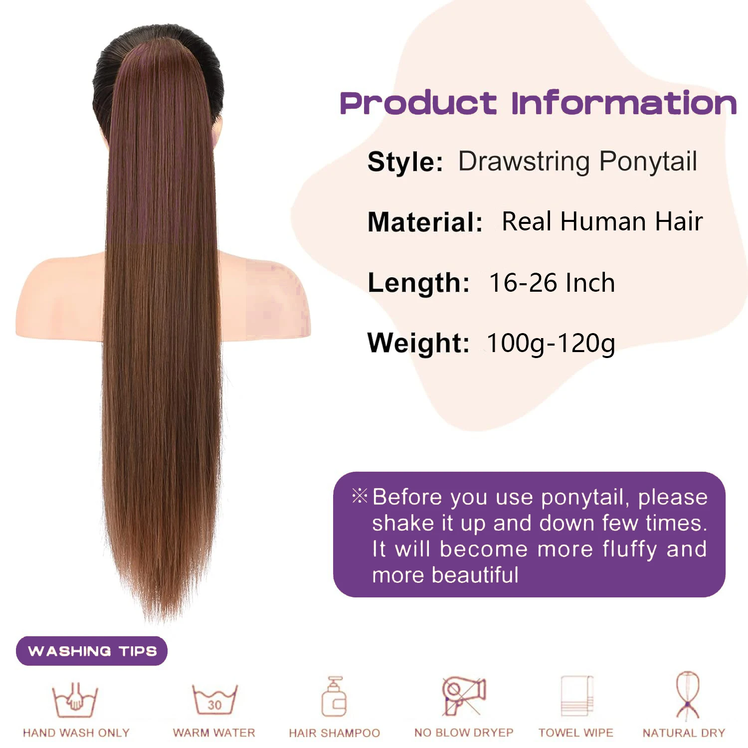 Straight Drawstring Ponytail #4 Medium Brown Color Hair Extensions Human Hair Brazilian Remy Clip In Extensions 100G For Women