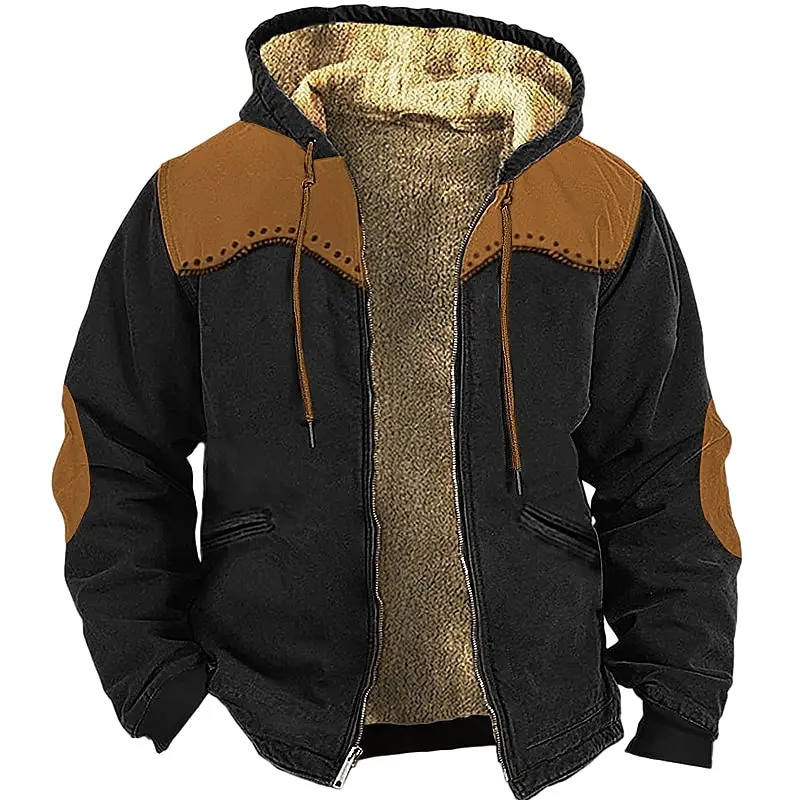 Men's Zipper Hoodies Winter Fleece Parka Coats Splicing Solid Color Jackets Daily Sweatshirts Outerwear Hooded Zip-up Overcoat