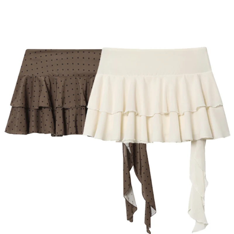HXAO Layered Chiffon Skirt Shorts Ladies Fashion Mini High Waist Lace-Up Culottes Female Ruffle Beige Skirts Fairycore Culottes