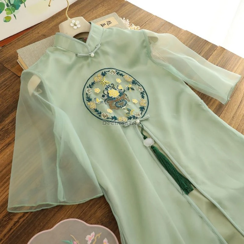 

Лето 2021, новое женское платье Cheongsam в китайском стиле, улучшенное элегантное платье Cheongsam с вышивкой, свободный стиль, женское платье с короткими рукавами