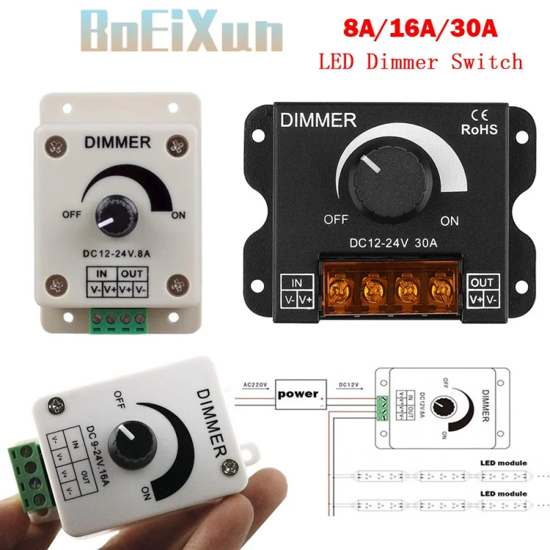 

8A/16A/30A LED Dimmer Switch DC 12V 24V Adjustable Brightness Lamp Bulb Strip Driver Single Color Light Power Supply Controller