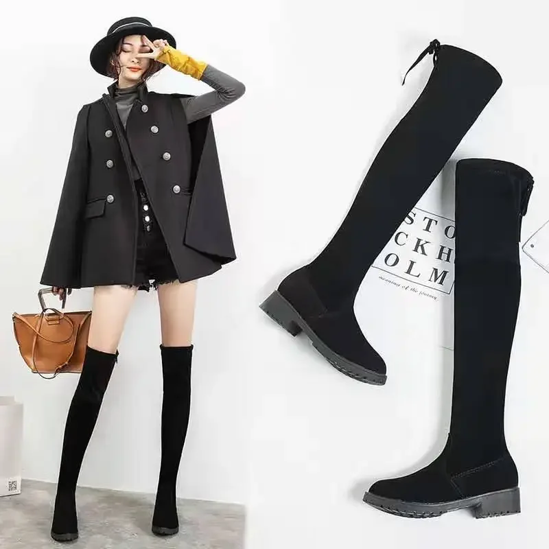 Thigh High Boots Female Winter Boots Women Over The Knee Boots Flat Stretch Sexy Fashion Shoes  Black Botas Mujer Sneakers