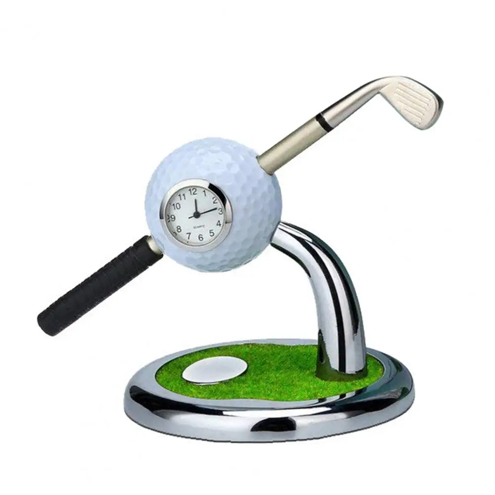 Office Golf Decor Ornament Mini Desktop Golf Watch Pen Holder with Clock Smooth Writing Golf Ball Pen Home Office Ornament Set