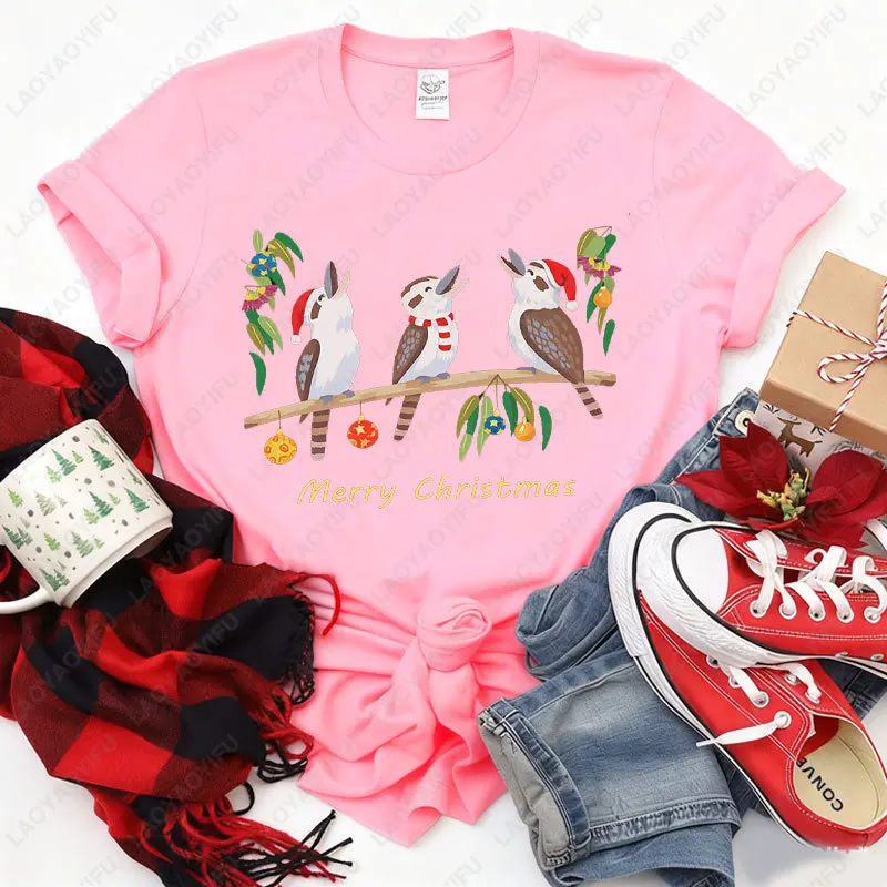 Women's Australian Kookaburra Bird Print T-Shirt Merry Christmas Australian Theme Tops Casual Blouse for Christmas Party Outfits
