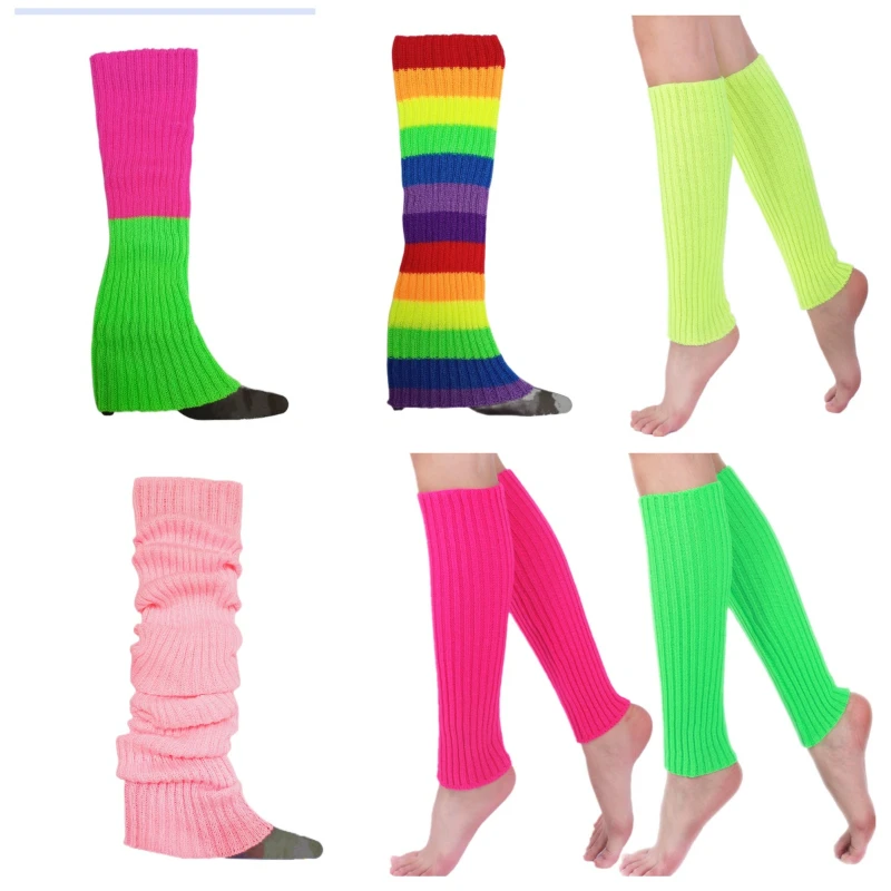 

2024 Women Halloween 80s Neon Colored Knit Leg Warmers Ribbed Bright Footless Sock Punk Black Knee High Gothic Hip-hop Rock Sock