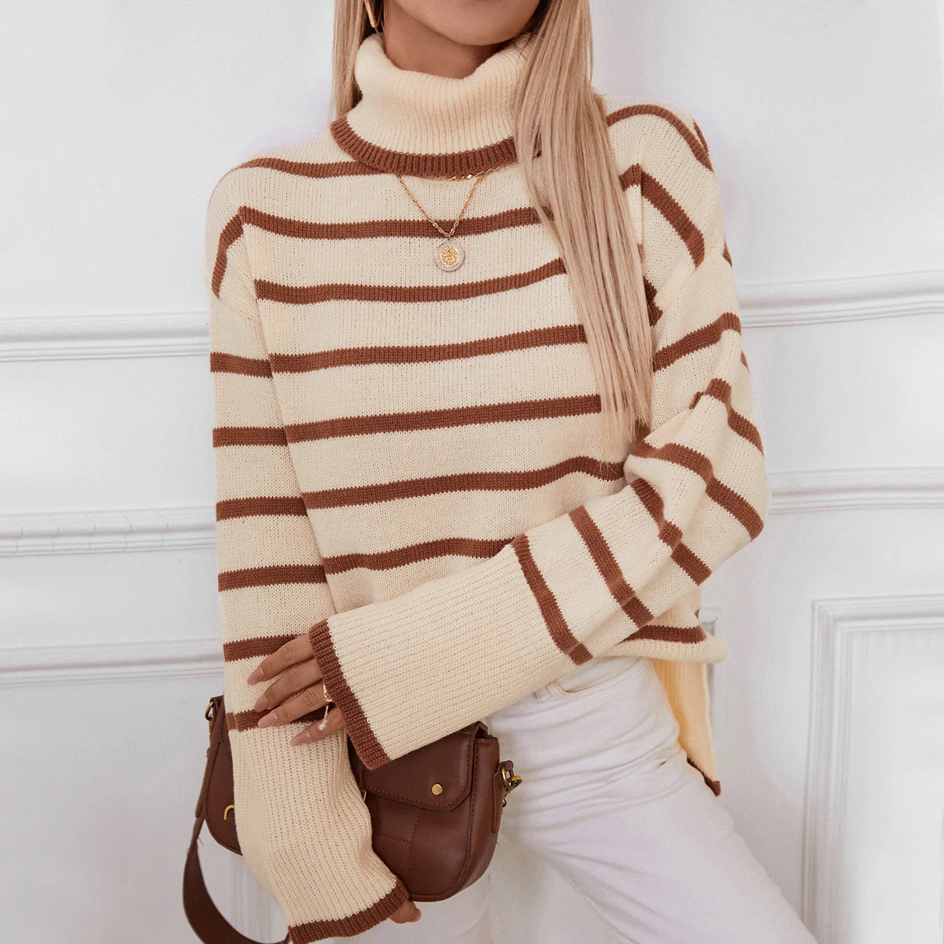 YJKDYK 2024 Autumn Winter Women's Sweater Female Stripe Thicken Warm High Collar Pullovers Women's Casual Knitwears Tops