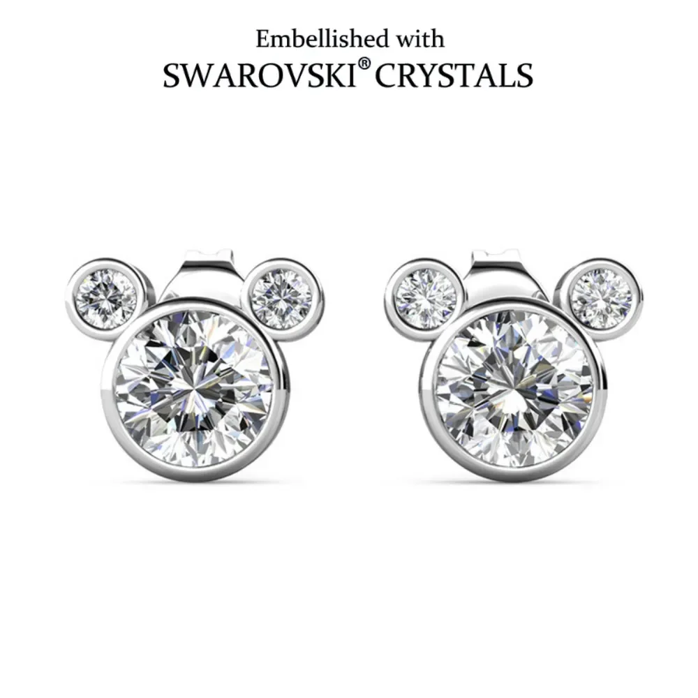 Daisini Women's Mickey Mouse Stud Earrings with Swarovski Crystals Rhodium Plated, Cute Cartoon Design Sparkling Ear Jewelry