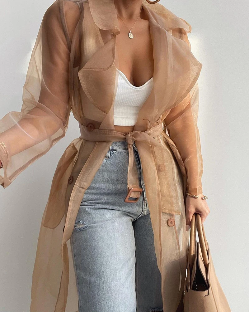 

Winter Women Sheer Mesh Long Sleeve Buttoned Coat With Belt 2022 Femme Casual Long Sleeve Elegant Garb Office Lady Outfits y2k