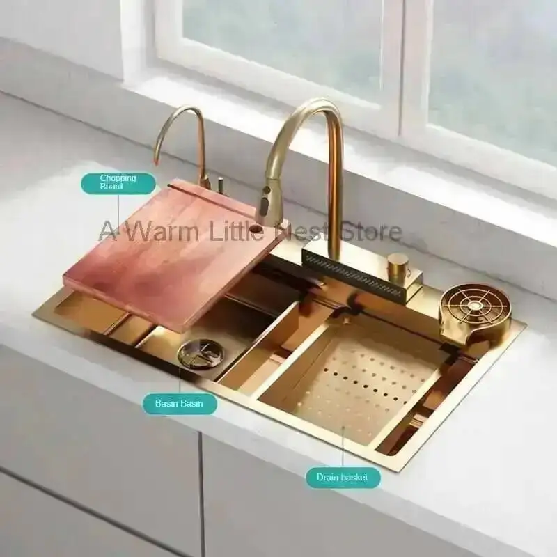 

Personalized Sinks Gold for Beige Modern Hotel Thickened Metal Smart Kitchen Sink Minimalist Kitchen Sinks with Basket for Home
