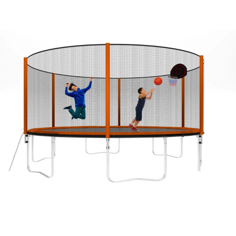 14FT Powder-coated Advanced Trampoline with Basketball Hoop Inflator and Ladder Outer Safety Enclosure Orange