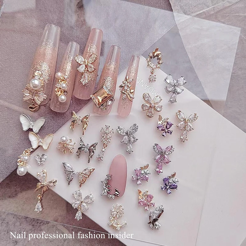 5 PCS Purple and pink super fairy butterfly pendant nail decoration alloy zirconia super shiny rhinestone nail accessories