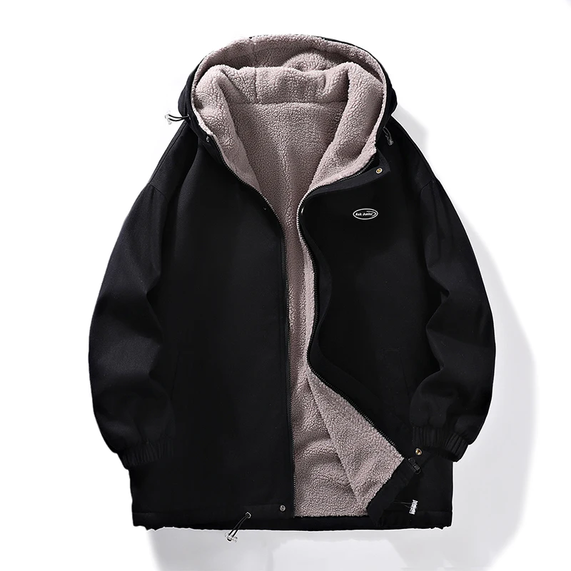 

Autumn and winter sports outdoor solid color fleece jacket men's thick warm hooded cotton jacket loose winter coat
