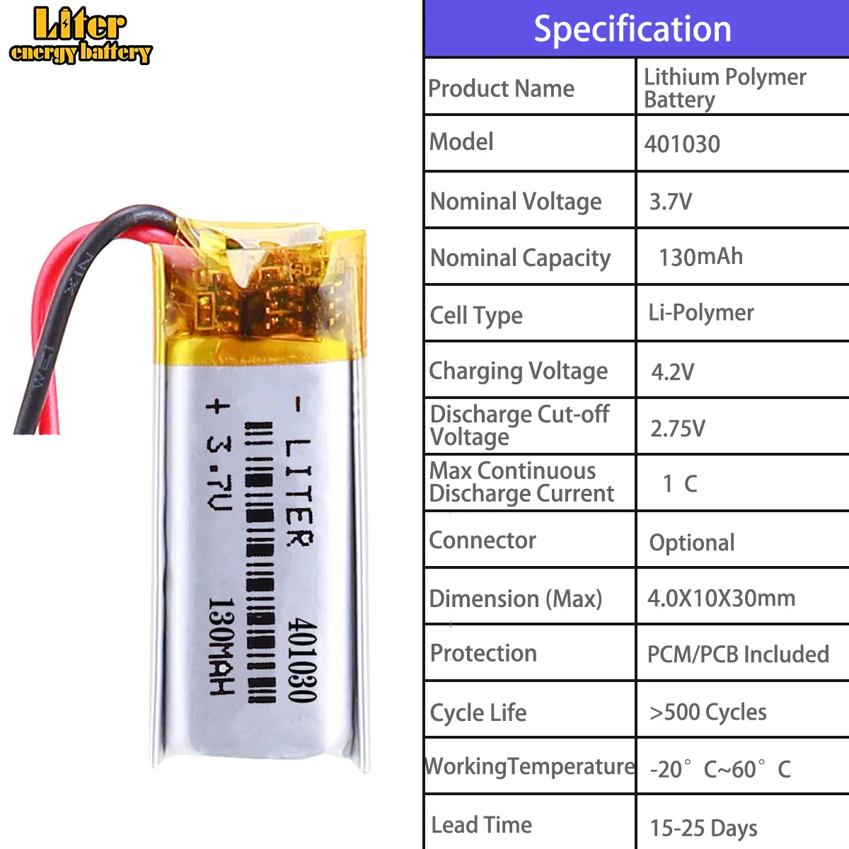 401015 40mah 401030 130mah 401215 55mah 401220 80mah 401225 100mah 3.7V polymer lithium battery