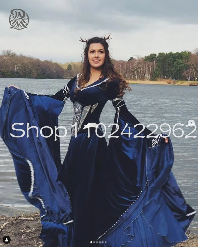 Navy Blue Velvet Elven Costume Prom Dresses Fairy Long Sleeve Applique Embroidery Bustle Medieval Galadriel Evening Gown