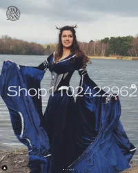 Navy Blue Velvet Elven Costume Prom Dresses Fairy Long Sleeve Applique Embroidery Bustle Medieval Galadriel Evening Gown