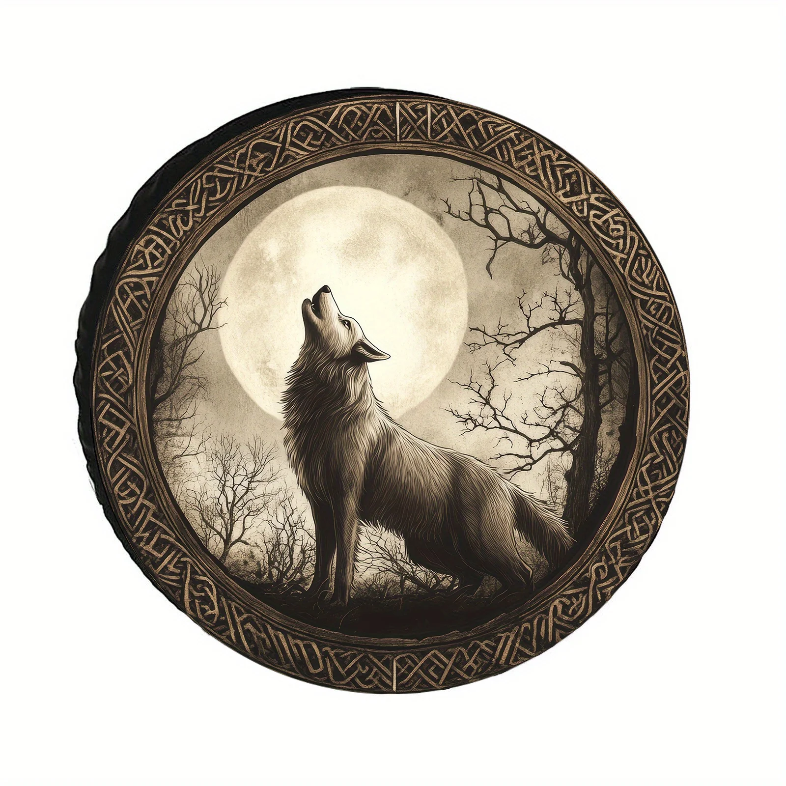 Brown And Yellow Dark Wolf Howling Spare Tire Cover, Durable Polyester, Tight Fit For 28-34 Inch Vehicles