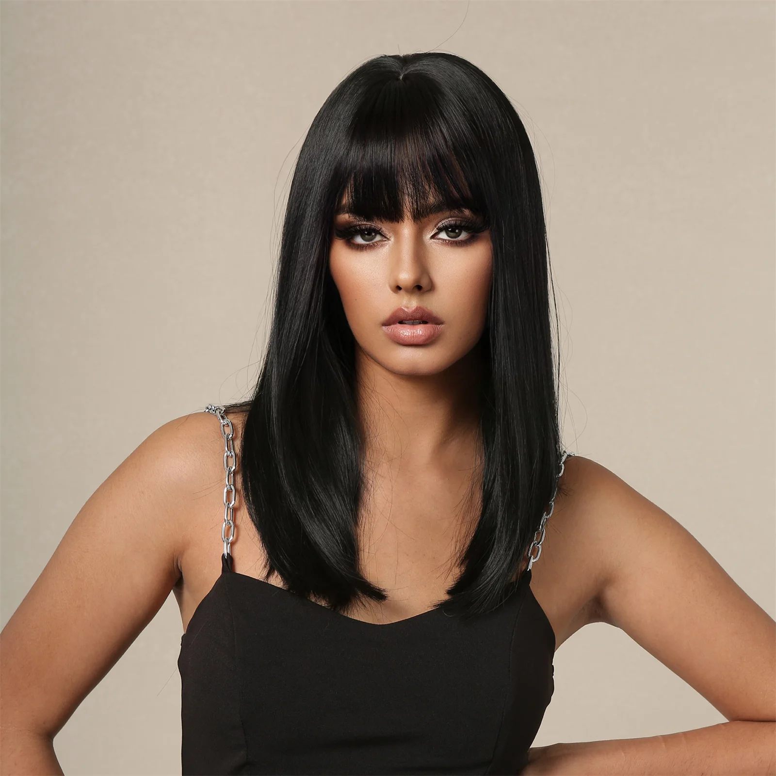 Straight Black Bob Synthetic Wig with Bangs Medium Long Cosplay Layered Wigs for Woman Natural Hair Daily Wig Heat Resistant