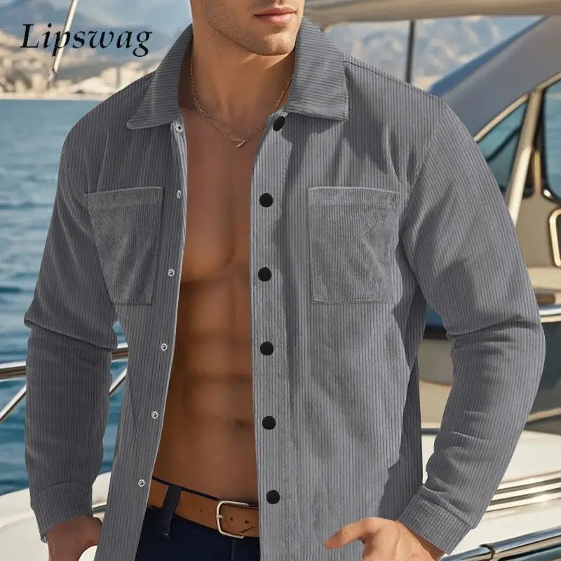 Chemise en velours côtelé à manches longues pour hommes, chemise vintage boutonnée, revers, document et lit, mode décontractée, solide, printemps, 2025