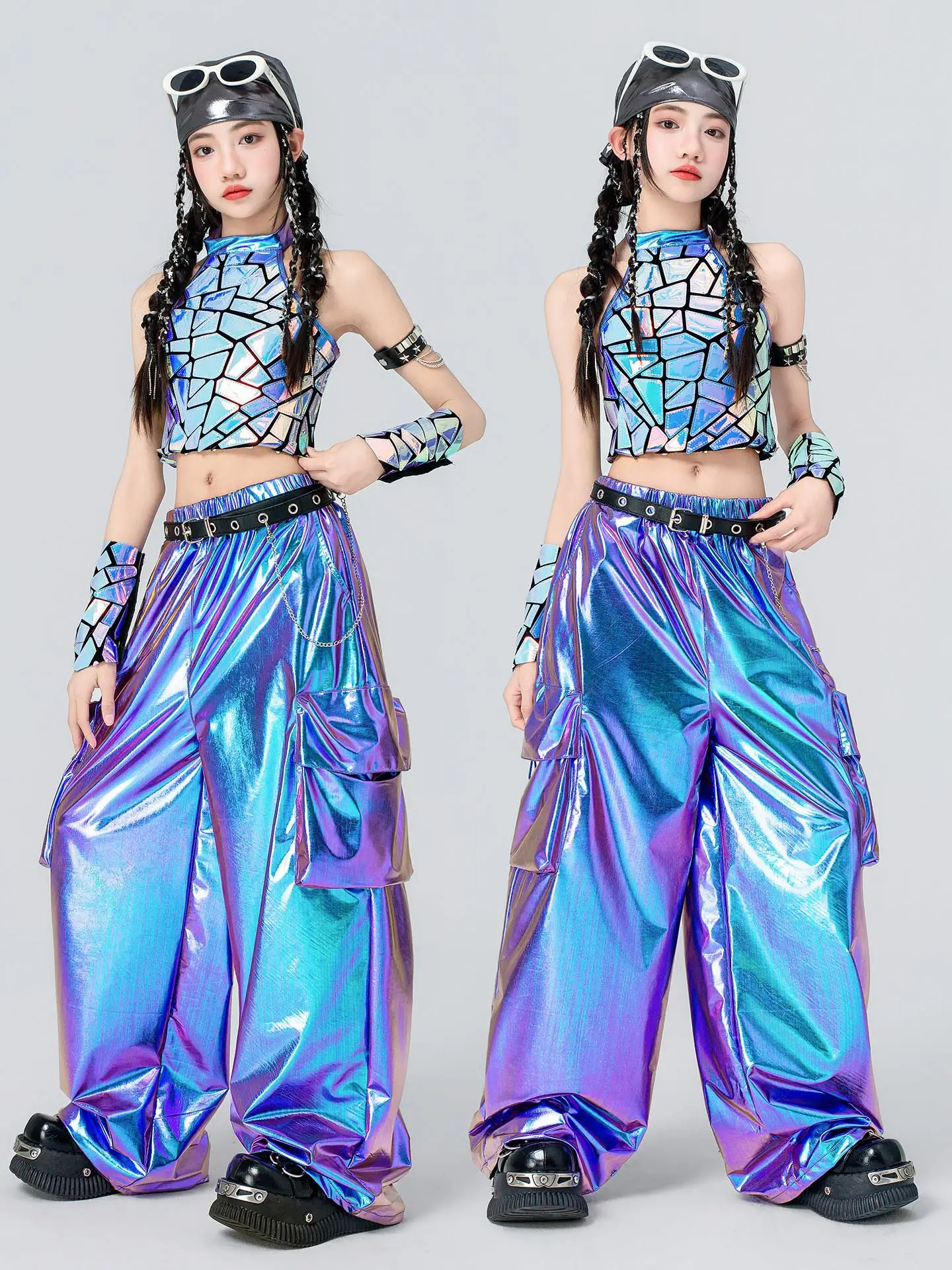 

Girls Jazz Dance Clothes Blue Mirrors Ctop Tops Cargo Pants Kpop Hip Hop Dance Performance Wear Concert Stage Costumes BL19458