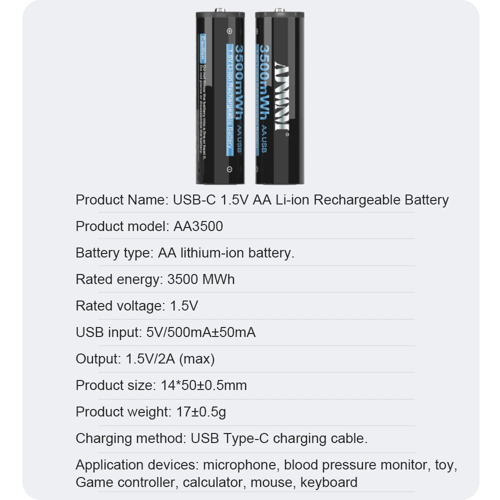 Akumulator litowo-jonowy USB o dużej pojemności 1,5 V AA 3500 mWh do zdalnego sterowania myszką i małym wentylatorem Akumulator do zabawek