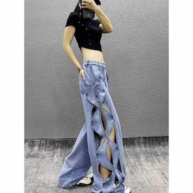 

2026 Summer New Design Casual Jeans Women's High-waisted Personalized Hollow and Thin Versatile Wide-leg Floor Pants